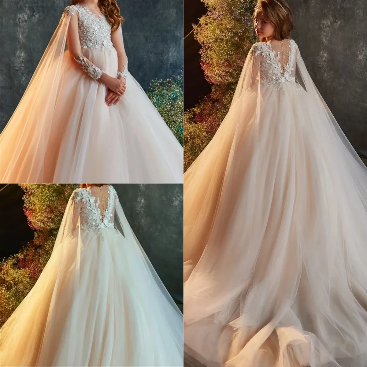 

Тюлевое платье принцессы цвета шампанского для девочек с накидкой и кружевом с цветочным принтом, идеально подходит для свадьбы и первого Рождества