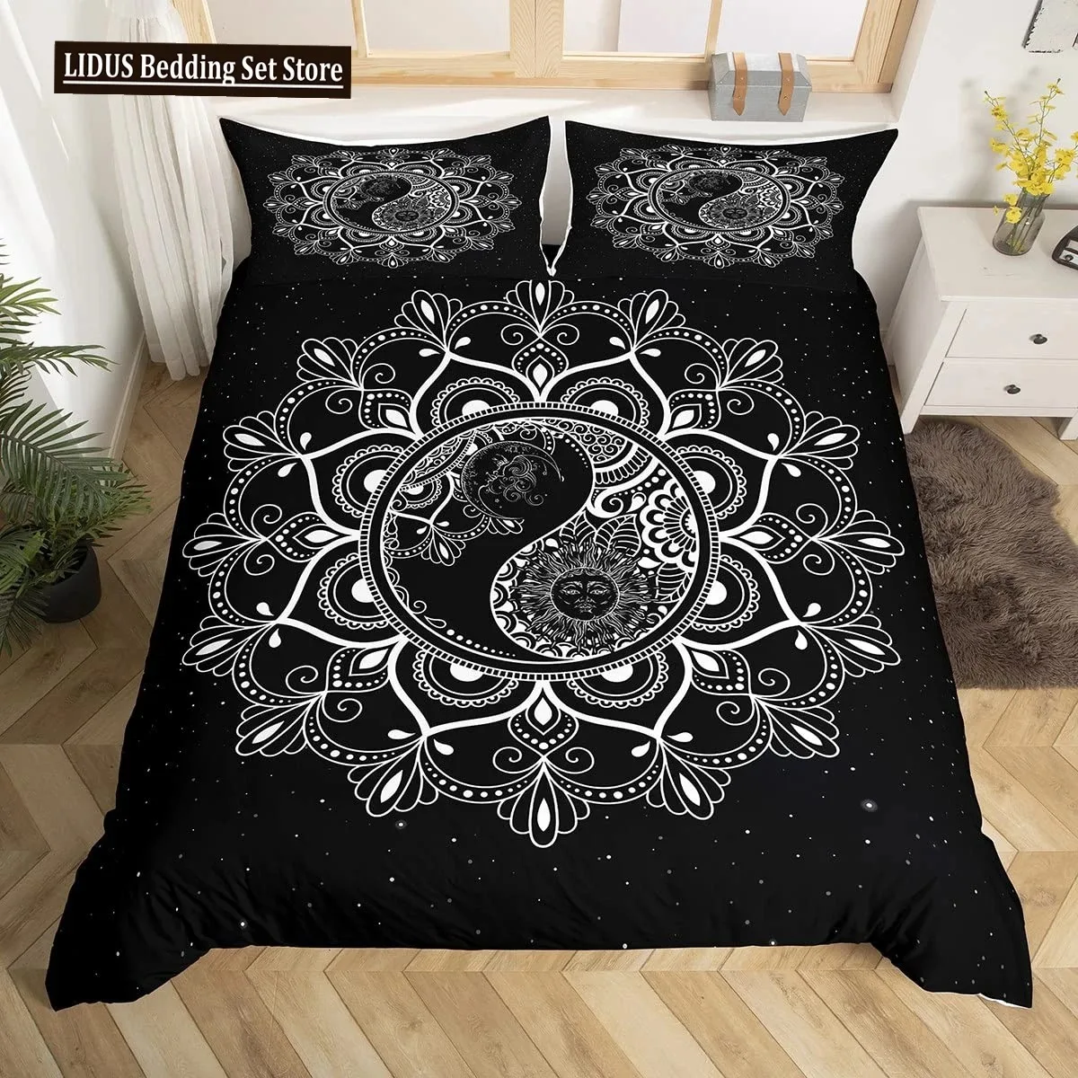 

Yin Yang King Queen Duvet Cover Mandala Bohemian Bedding Set Retro Lotus Tai Chi Bagua Comforter Cover Chinoiserie Quilt Cover