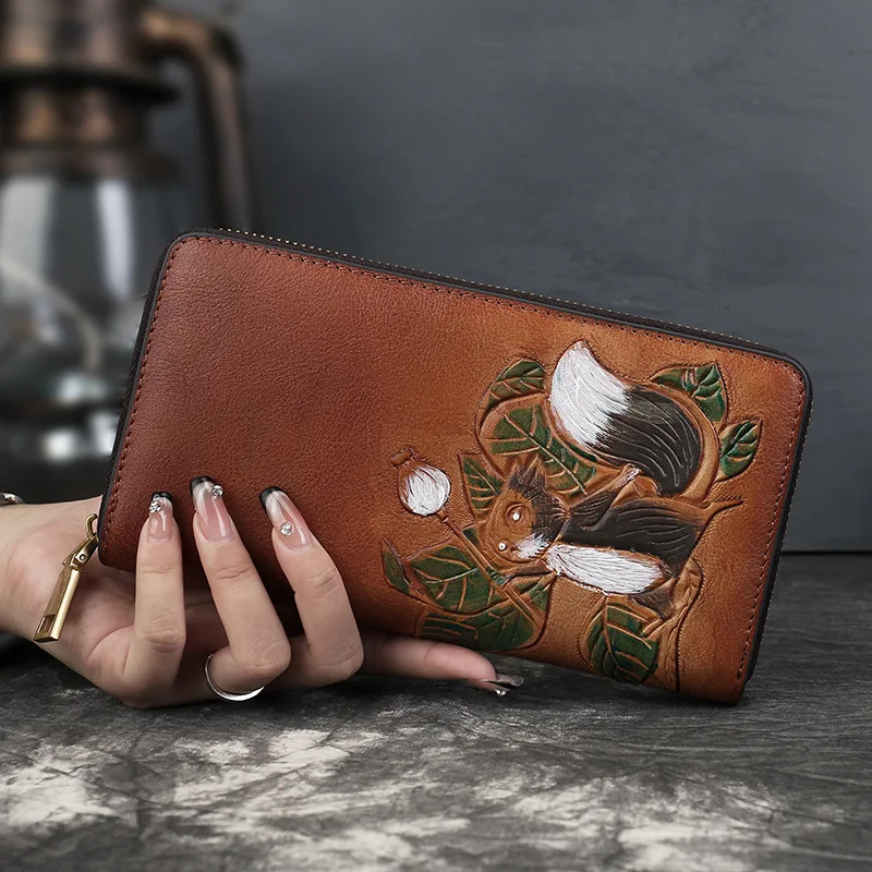 Head layer of cowhine retro color wallet multi-card large capacity hand embossed animal embossed wallet