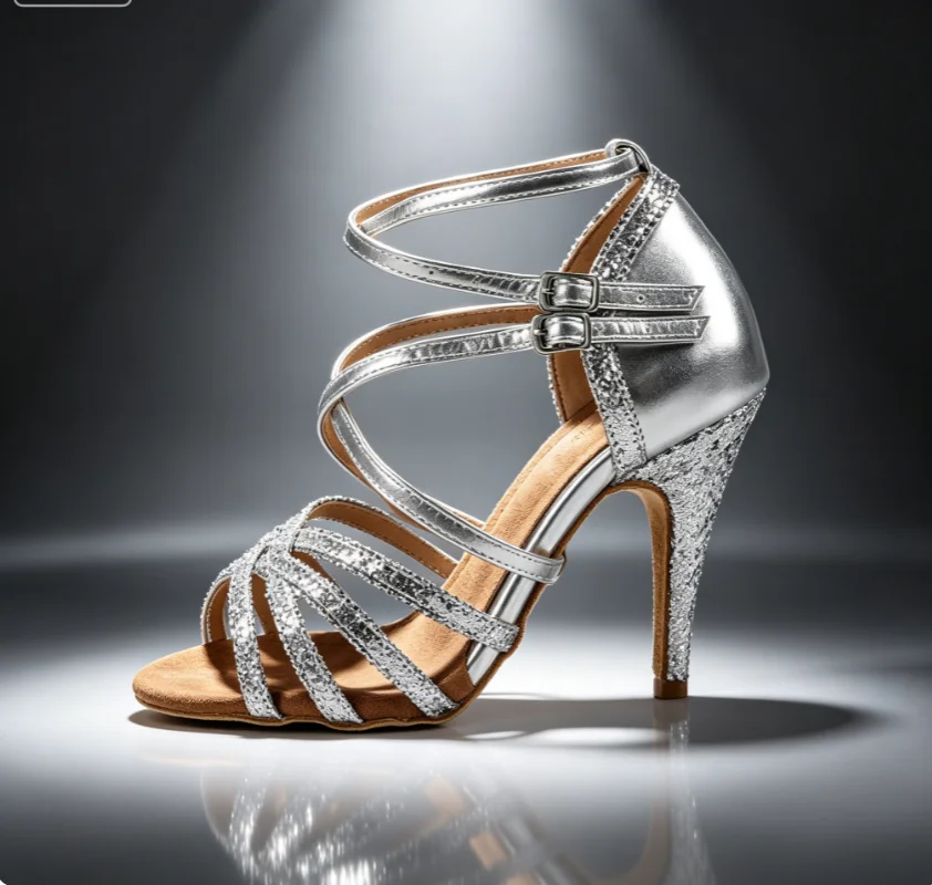 Women Silver Glitter Latin Dance Shoes Buckle Ankle Strap Peep Toe Salsa Tango Ballroom Professional Suede Sole Dancing Footwear