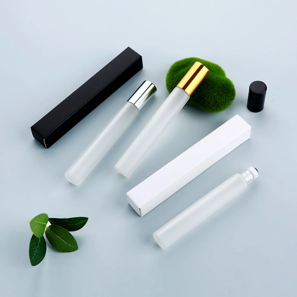 50/100개 10ml 절묘한 휴대용 젖빛 유리 롤온 병(상자 포함), 재사용 가능, 향수/에센셜 오일 디캔팅용 탑