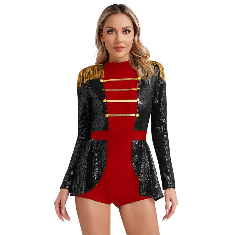 Women Circus Costume Ringmaster Tulle Skirted Tutu Leotard Dress Festival Long Sleeve Fringed Shoulder Halloween Fancy Costume - Image 12