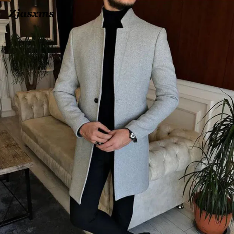 Men Stand Collar Mid-Length Jacket New Autumn Winter Long Sleeve Outerwear&Coat Daily Male Top Man Casual Single Button Overcoat