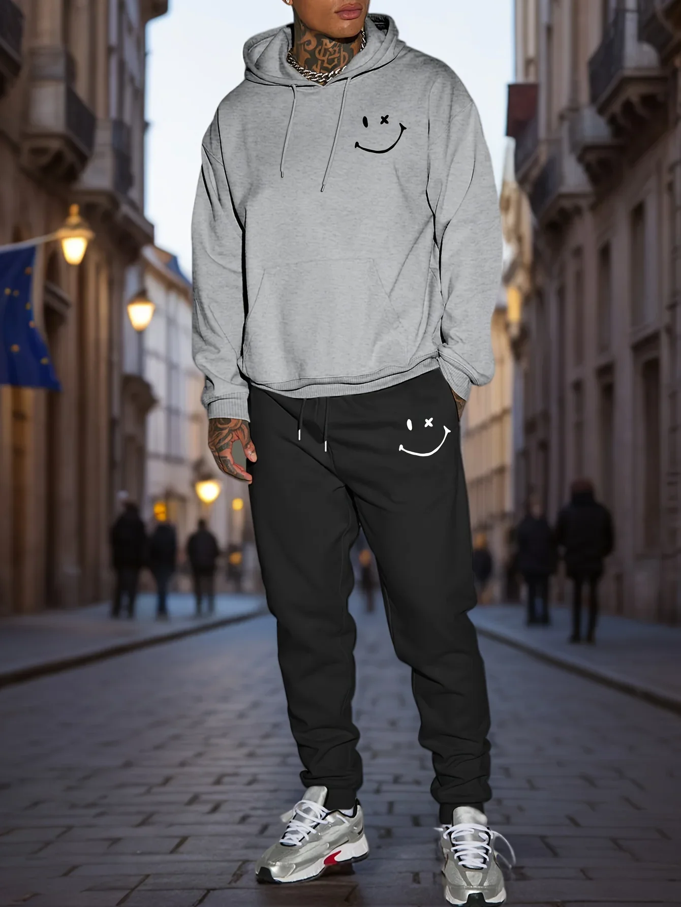New autumn hoodie hooded set for men and women with sporty style smiley face print with drawstring and pocket as a gift view 2