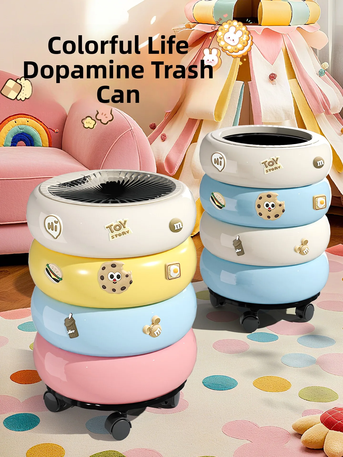 

Cute Creative Home Use Tra Can Living Room Batoom Bedroom Moving Cover Kitchen Plastic Pr pe Doughnut aped 3L Cap...