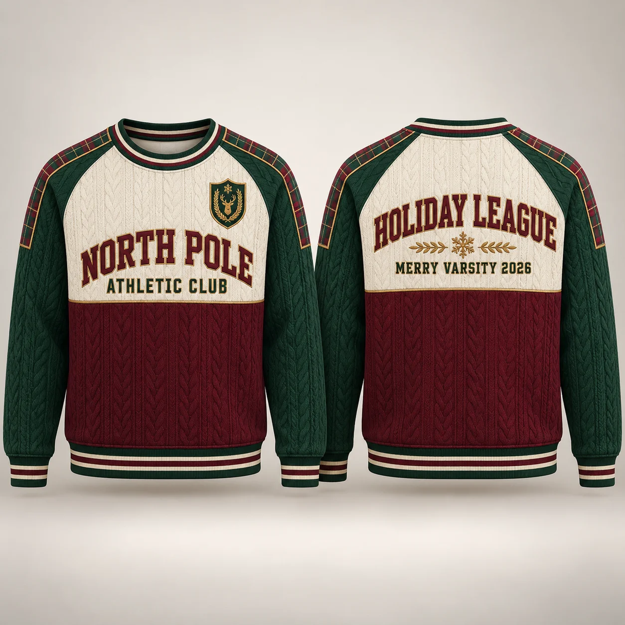 Christmas 3D Sublimation Faux Knit Crewneck Sweatshirt North Pole Athletic Club Plaid Shoulder Gold Shield Unisex Holiday Top