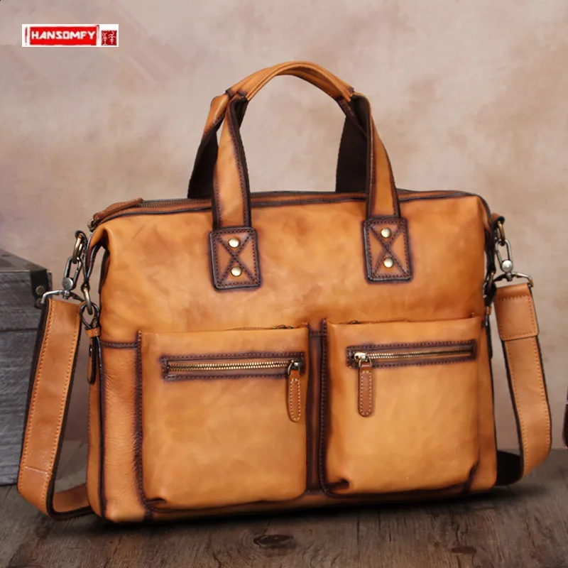 

Vintage Genuine Leather Men's Handbags 14-15.6 Inch Laptop Briefcase Head Layer Cowhide Shoulder Messenger Bags 2024 New casual