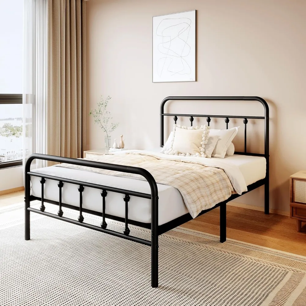 Twin Metal Platform Bed Frame with Victorian Headboard, Steel Slat Support, Easy Assembly, Underbed Storage
