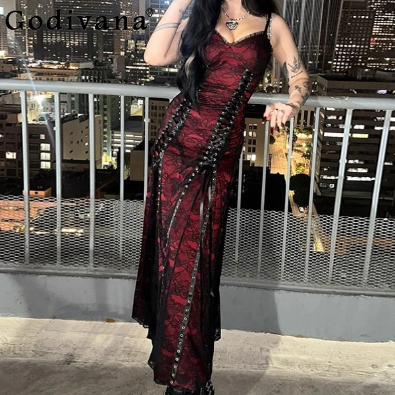 Abito con cinturino a doppio strato in pizzo stile gotico Abito da donna stile punk rosso e nero Abito lungo sexy Lolita estivo femminile