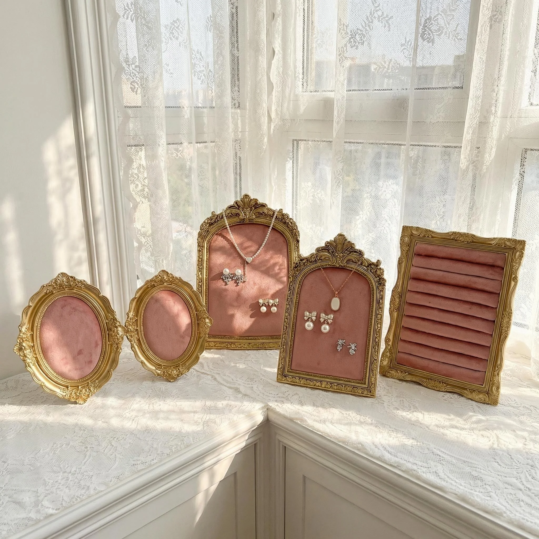 

Velvet Jewelry Display Tray Set, Resin Gold Frame Ring Earring Necklace Organizer, Counter Showcase Storage Holder