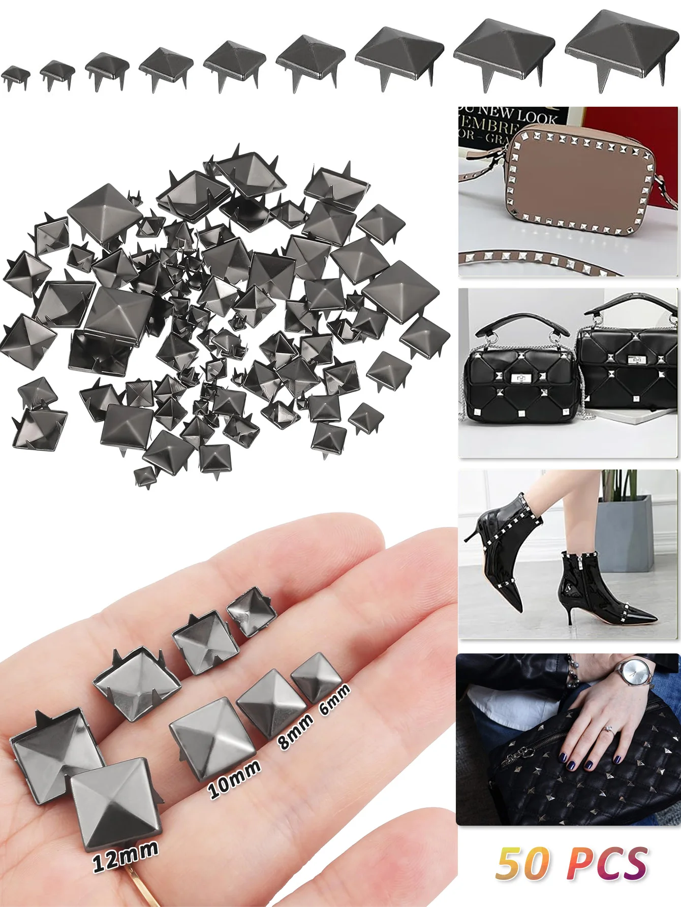 50PCS Gun Black Copper Square Pyramid Studs Punk Rock 4 Prong Metal Nailhead Spikes for Clothing Bag Leather Shoes Jewelry Craft