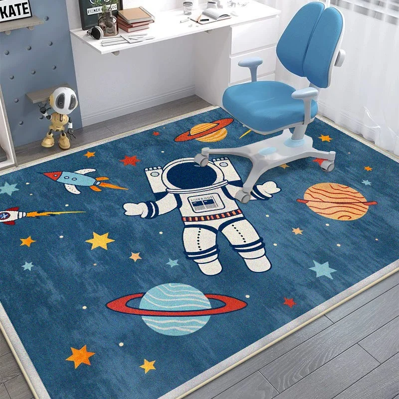 Cartoon Space Astronaut Floor Mat Non slip Soft Rug with Planet Rocket for Kids Bedroom Study Area Playroom Fun Decor Carpet