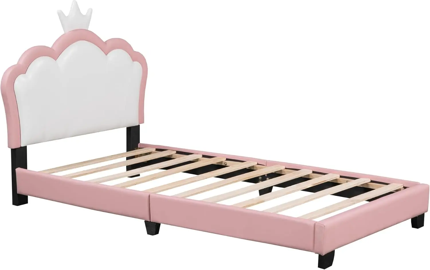 Frame with Headboard, Children Upholstered Twin Platform Bed Frame with Crown Headboard, Wooden Twin Bed for Girls, Teens, No Bo