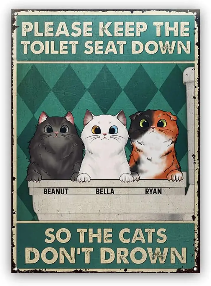 Personalized Metal Sign-Cat Please Keep Seat Down Bathroom - Cat Lover Gift - Personalized Custom Classic Metal Signs (2) sign