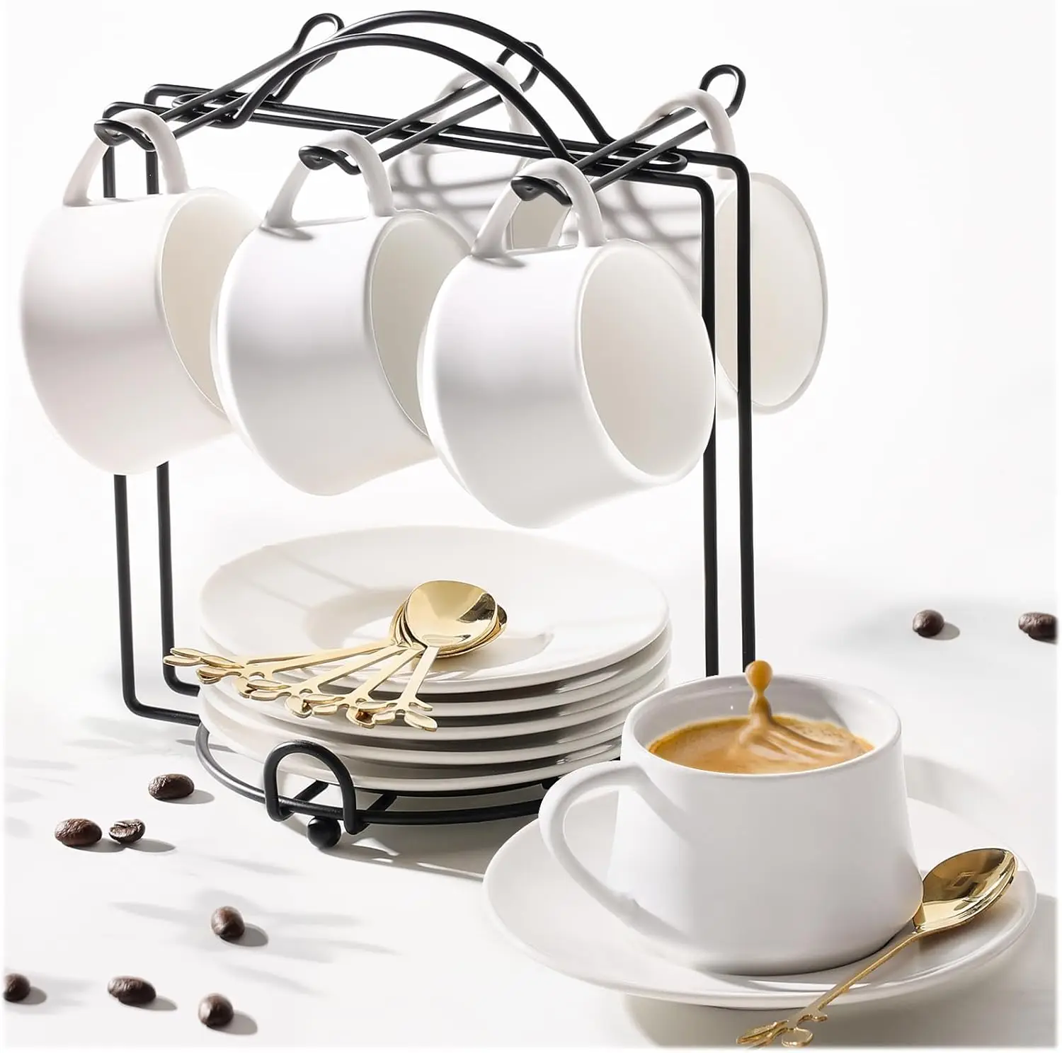 

3-Ounce Porcelain Espresso Cups Set of 6, Stackable Coffee Cups with Saucers, Spoons and Metal Stand, Ceramic Demitasse
