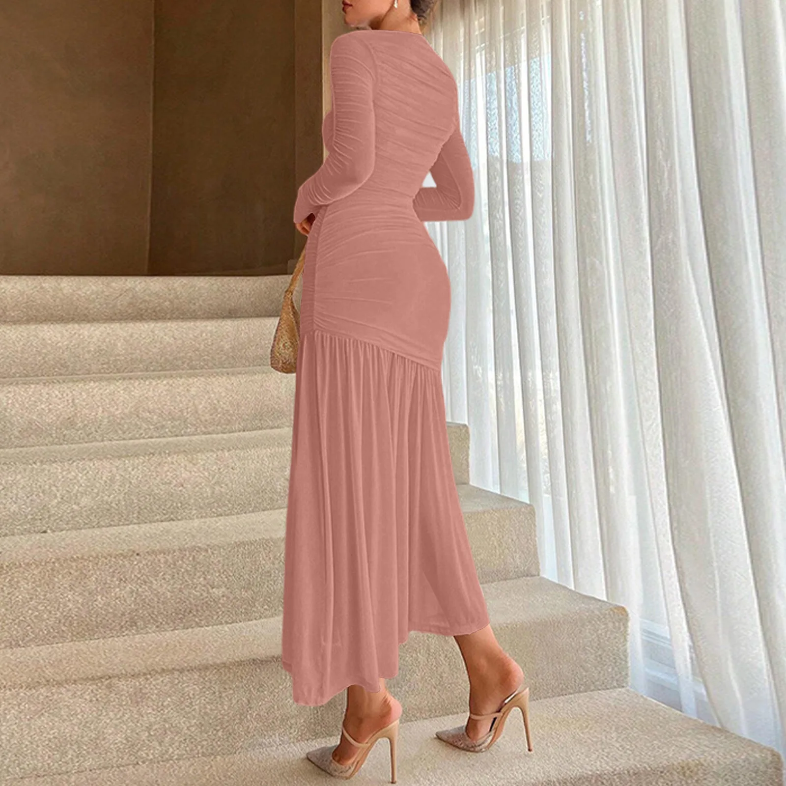 Pleated Design Cocktail Dresses For Wedding Guest Solid Elegant Dress With Pleated Hem Featuring Round Neck Bridesmaid Dress