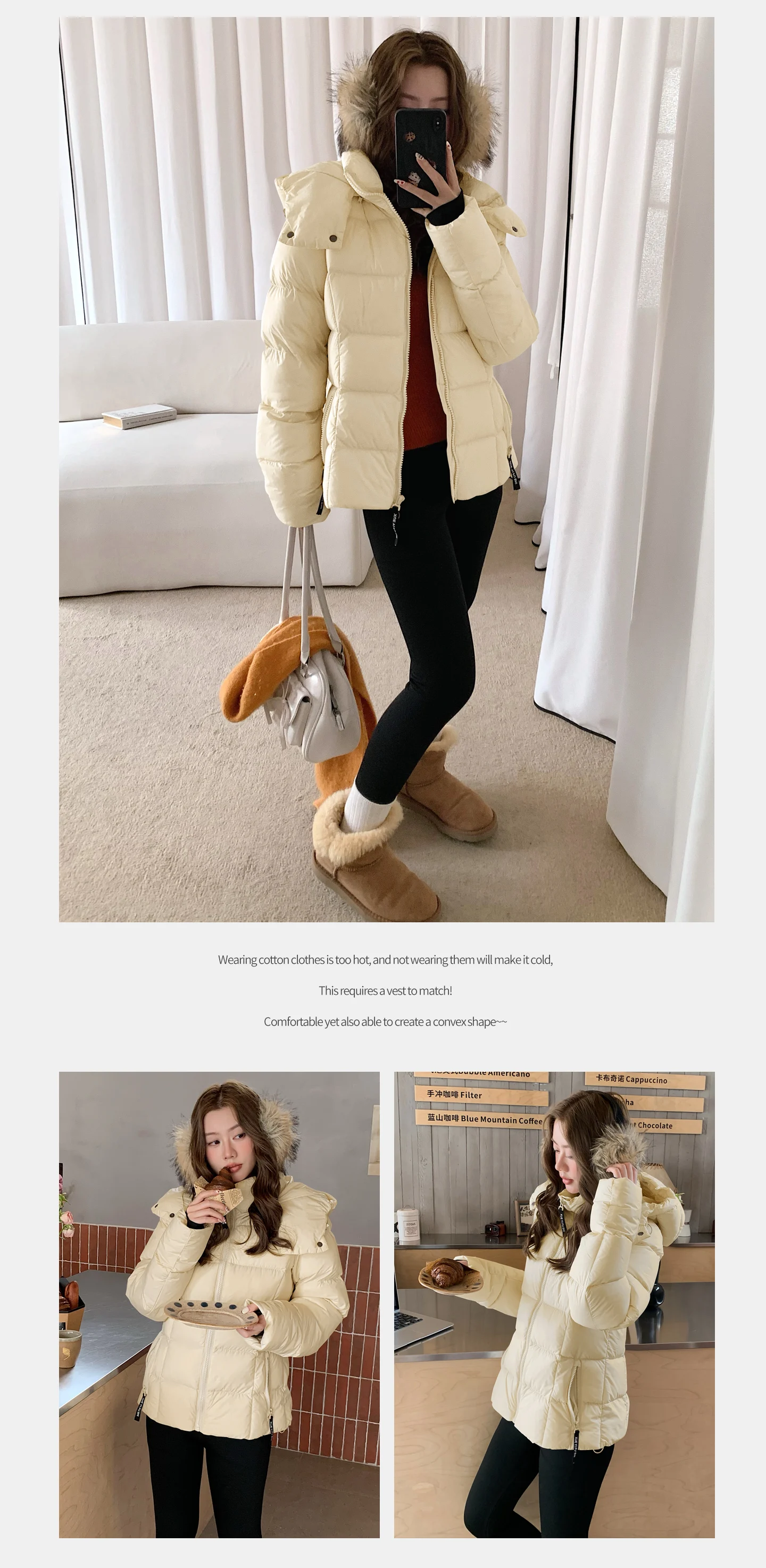Winter Solid Color Long-sleeved Short Fur Collar Hooded Down Jacket Korean Women's Holiday Fashion Versatile and Thin Coat