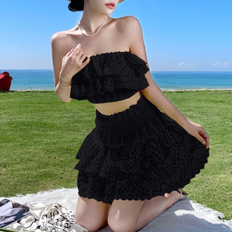 Retro Embroidered Hollow Lotus Leaf Edge One Shoulder Off Shoulder Elastic Top High Waist Puffy Half Skirt Elegant Set
