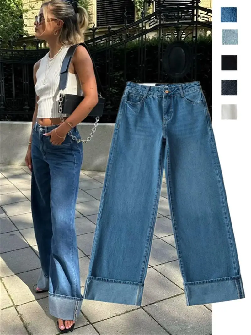 

Ретро Американские Гонконгские брюки с высокой талией и драпировкой, широкие джинсовые брюки длиной до пола, старый дизайн, брюки с омлетом