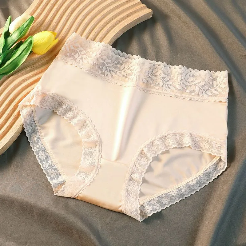 Luxury Satin Briefs Women High-end Seamless Mulberry Silk Antibacterial High-waisted Belly Cinching Ice Silk Breathable Panties