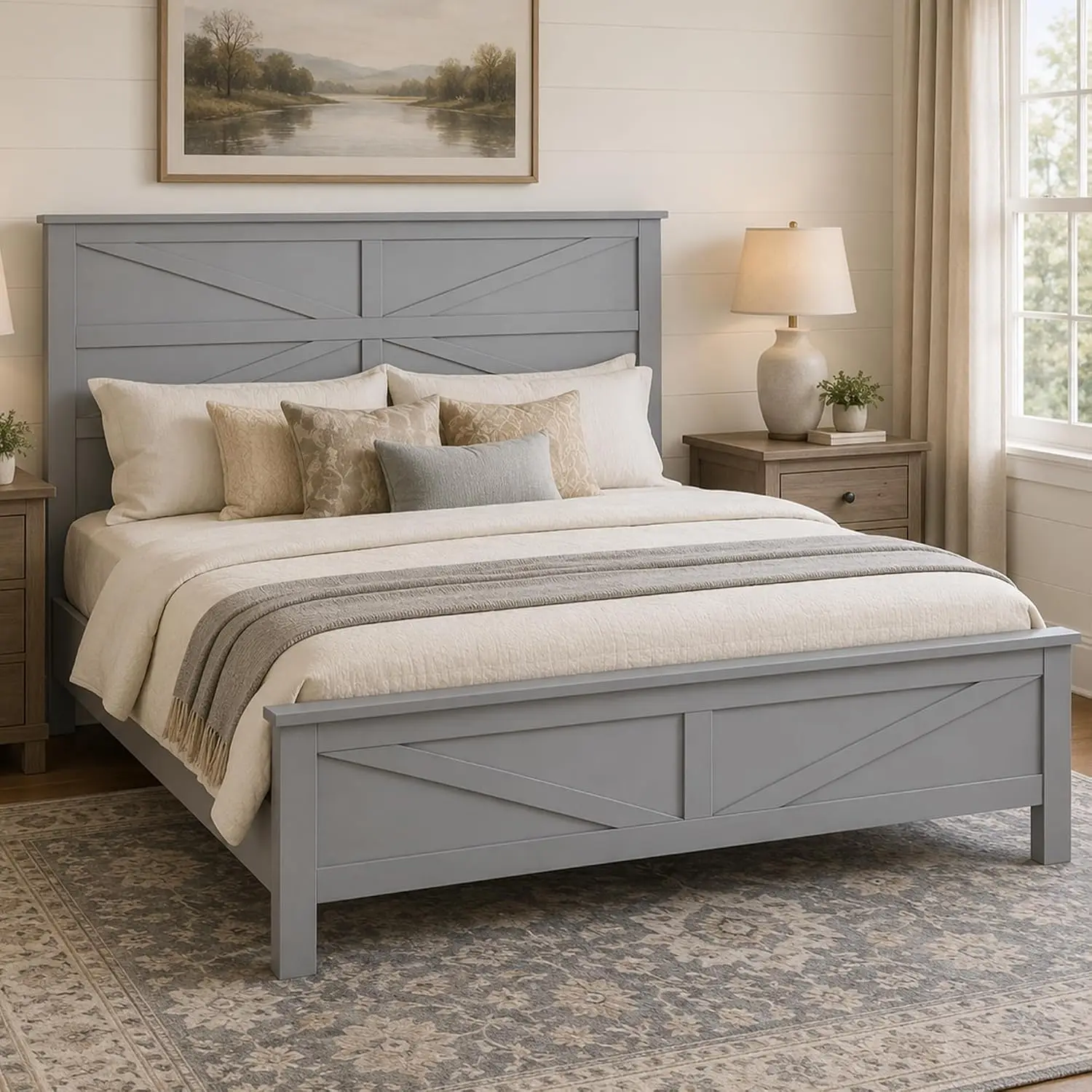 Rustic Farmhouse Wood Queen Platform Bed With Barn Door Headboard, Wooden Slat Support, No Box Spring Needed, Customized