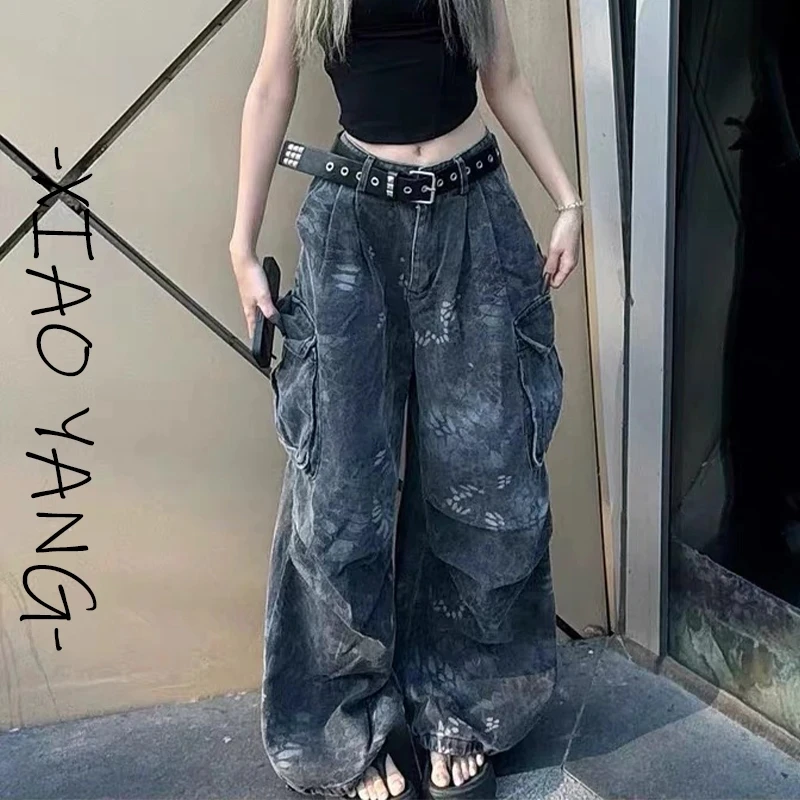 American Retro Camouflage Snake Print Desert Workers Loose Wide Leg Street Straight Tube Pockets Casual Long Jeans