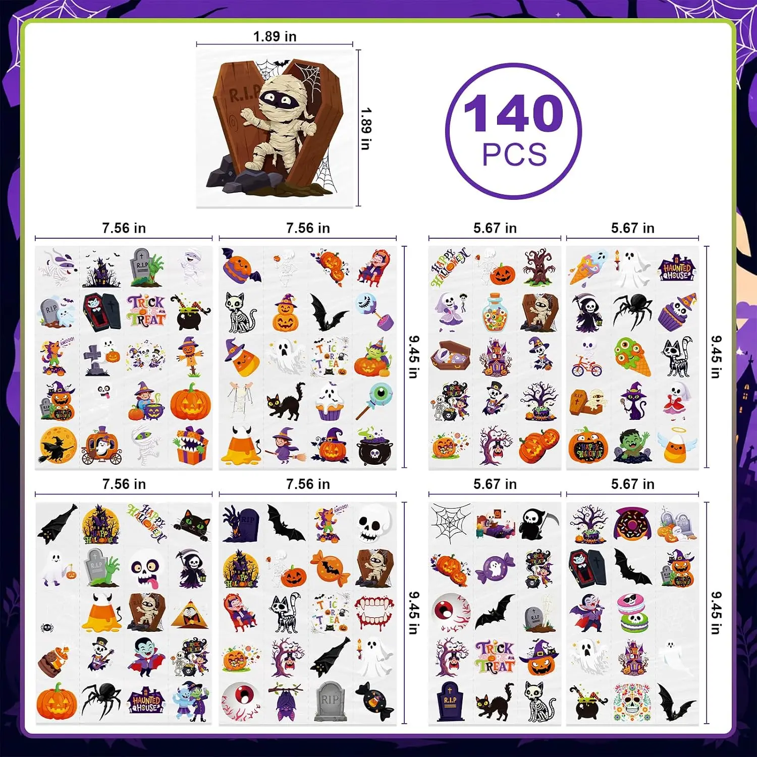 Halloween Temporary Tattoos 140 PCS for Kids Party Favors, Trick or Treat Bag Fillers, Customized
