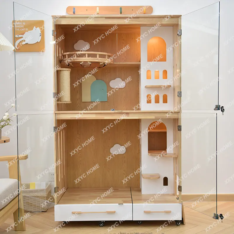 

Cat Villa Solid Wood Cat Cage Cat Cabinet Can Hold Smart Litter Box Home Cat Nest Cat Chamfer Cattery