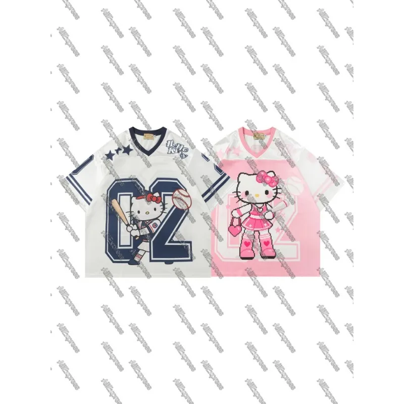 

Sanrio Harajuku Hello Kitty V-Neck Breathable Quick Dry T-Shirt Unisex Japanese Cartoon Printed Summer Casual Top Trendy Brand