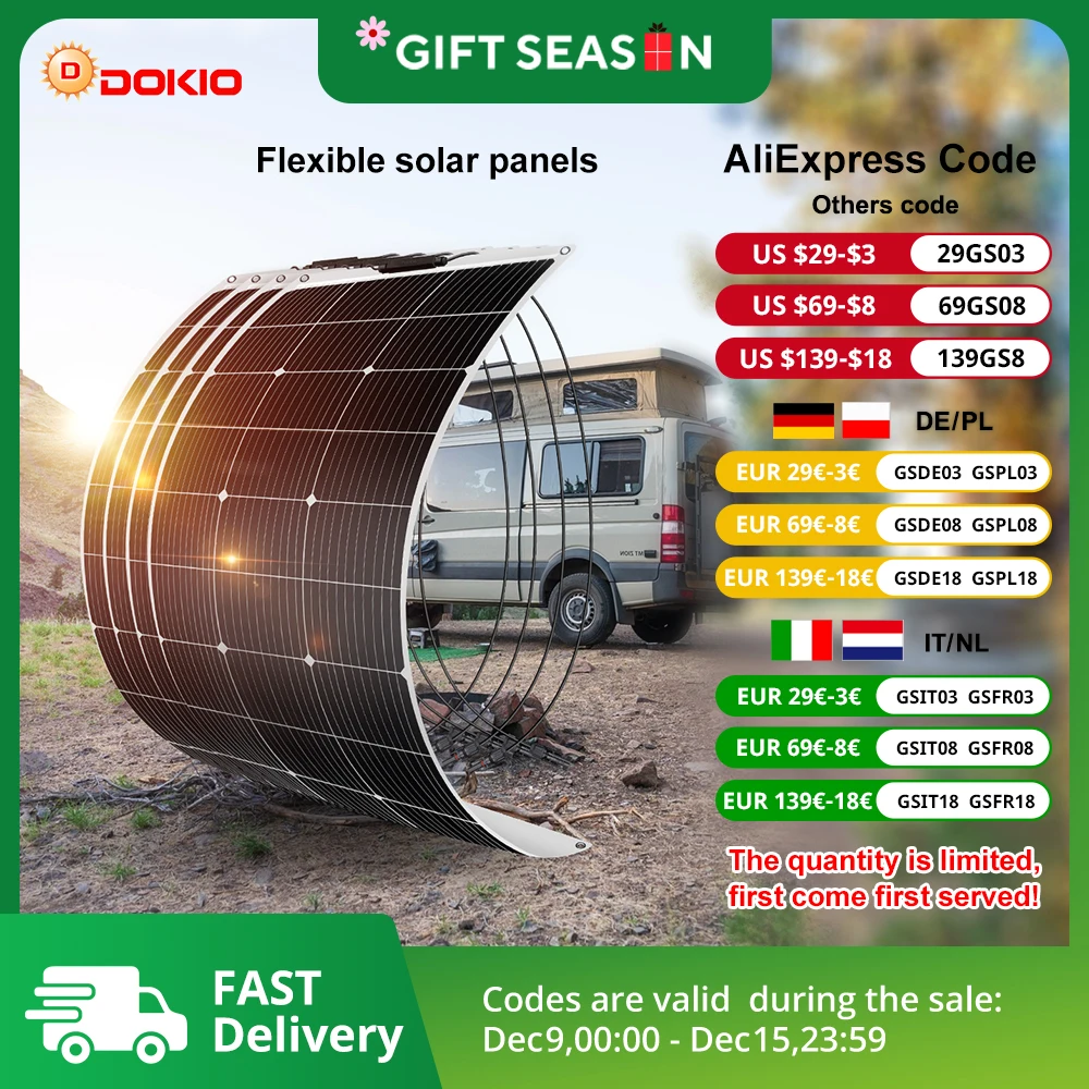 DOKIO 100W-400W 18V monocrystalline flexible solar panel, suitable for camping, RV installation can charge 12V batteries