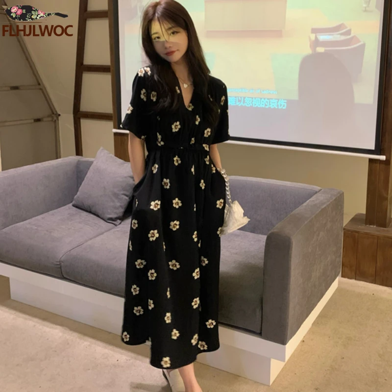 Chic Korean Clothes Design Summer Women Draped Short Sleeve V Neck Japan Girls Cute Floral Printed Retro Vintage Date Long Dress