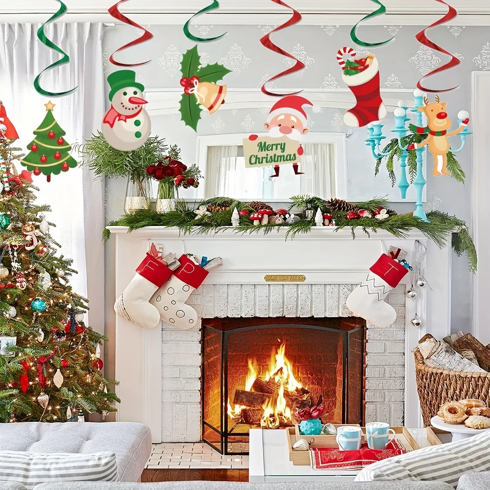6 Stück Weihnachtliche Spiral-Hängeornamente mit Santa- und Rentier-Design für Fenster, Wohnzimmer und Partydekoration