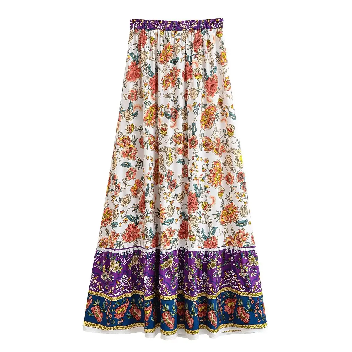 2025 BOHO Beige with Big Flower Print Long Skirt Spliced Ruched Ruffle Hem Women Ball Tassel Bow Waist Swing Skirts Holiday
