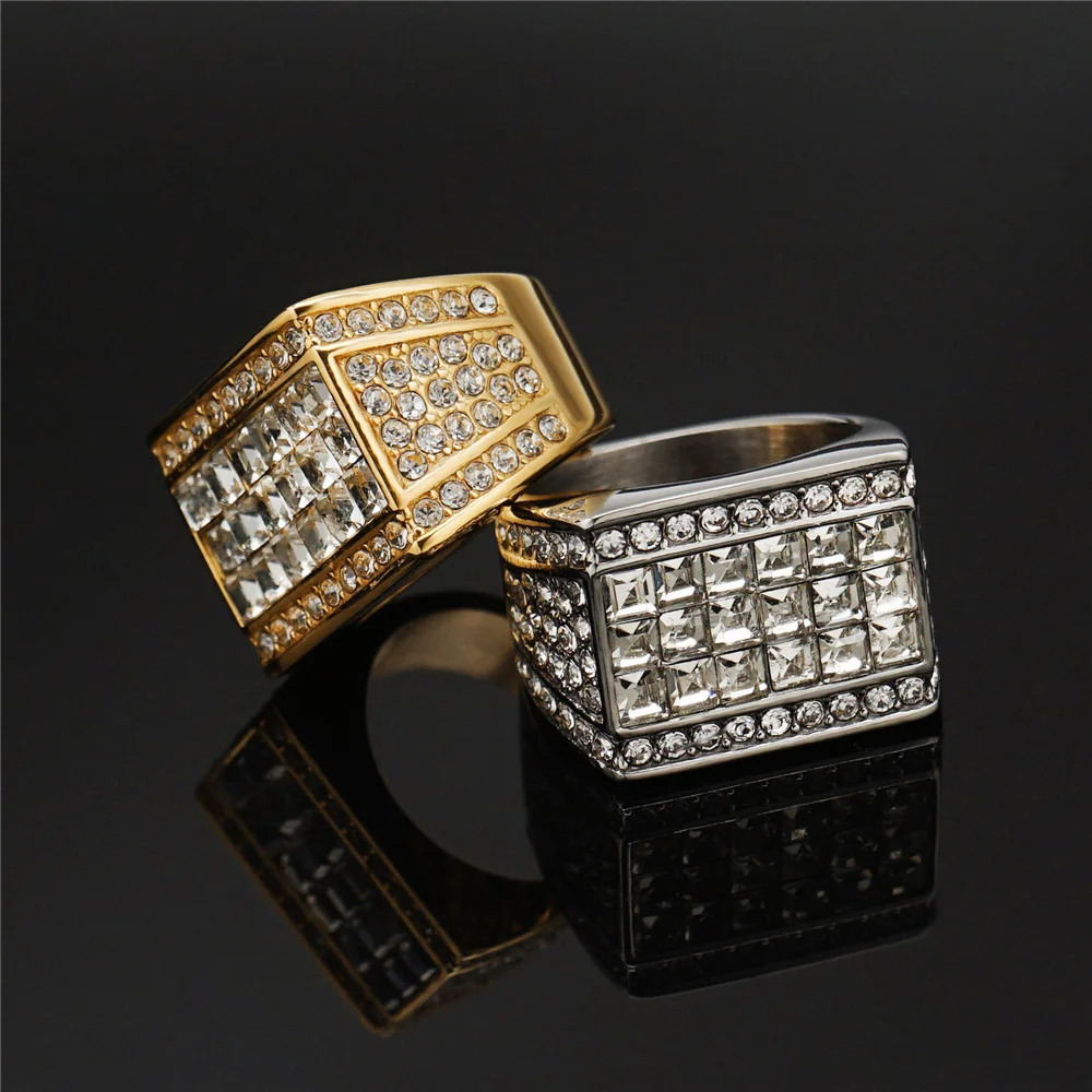 Iced Out Men\'s Ring Gold Color Stainless Steel Cubic Zirconia Bling Big Square Rings For Men Rapper Hip Hop Jewelry Dropshipping