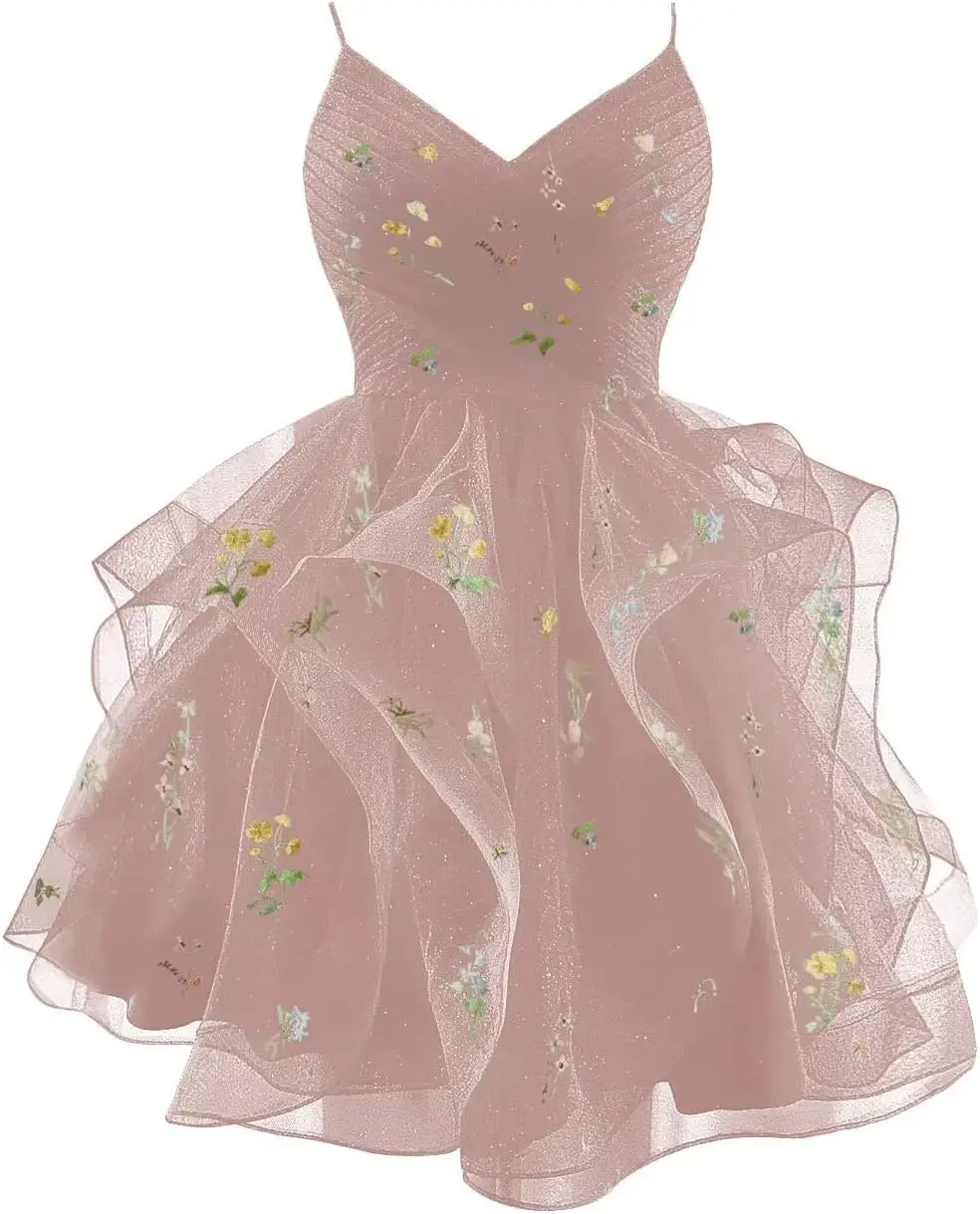 

V Neck Glitter Tulle Gowns Evening Gown Flower Embroidery Tiered Homecoming Dresses Short Sparkly Prom Dress Spaghetti Strap