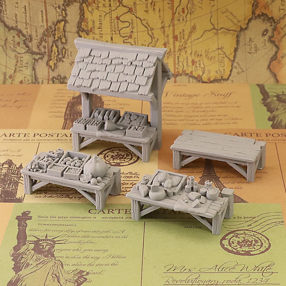 Market Stall Terrain Set Tabletop Fantasy RPG Wargame Scenery Miniature Market Stalls Unpainted Terrain Accessories