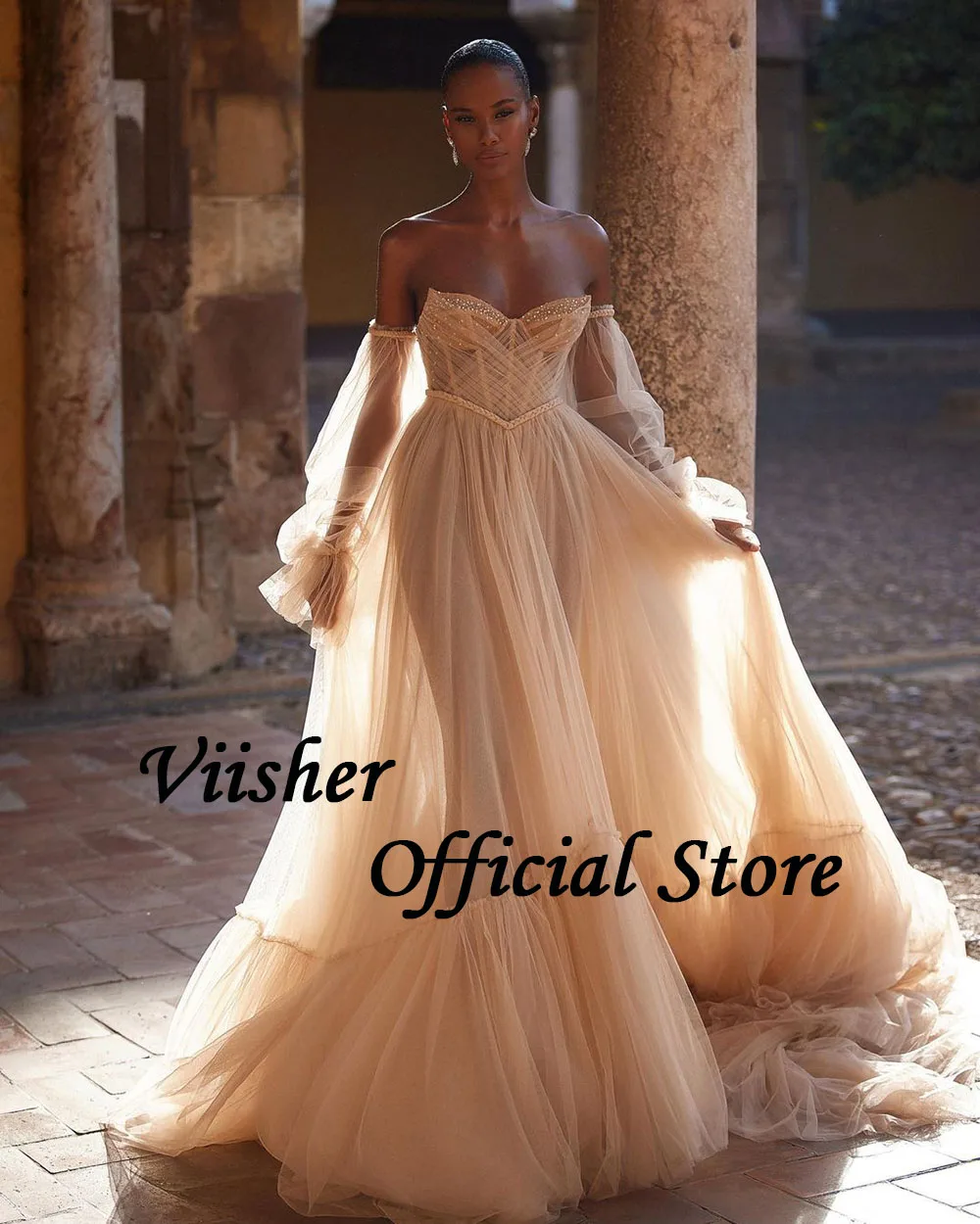 Viisher Champagne Tulle Boho Wedding Dresses Puff Sleeve Bone Corset Pearls Sweetheart Bride Dress A Line Beach Bridal Gowns