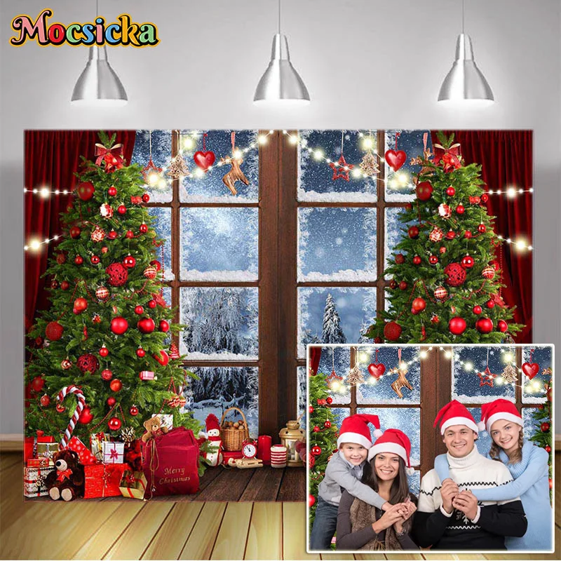 Christmas Backdrop Xmas Tree Santa Claus Window View Photo Background for Christmas and Happy New Year Eve Celebration Banner