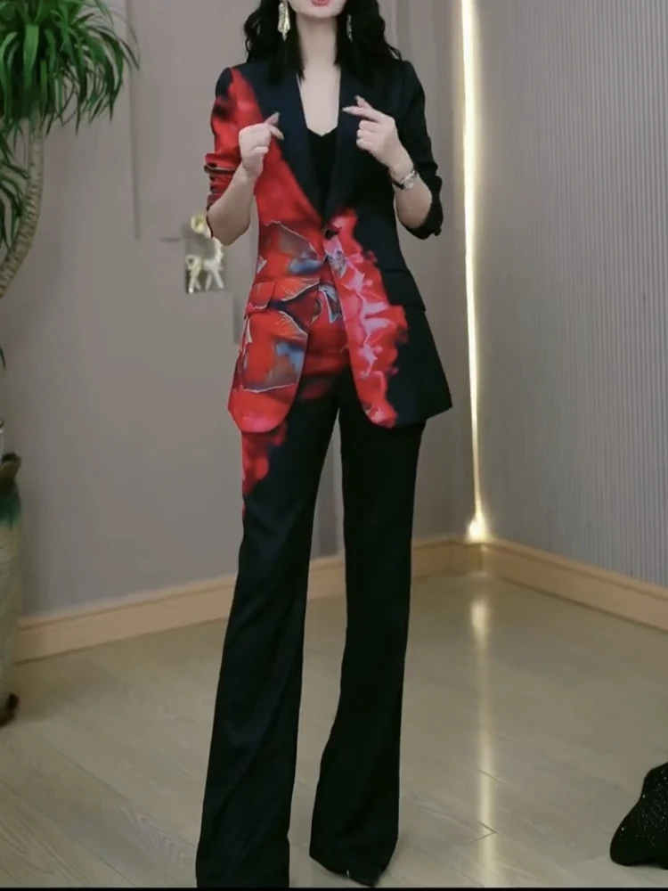 

2025 New Style Color Contrast Tie Dyeing Suit Coat Slim Fit Flared Pants Women's Spring Autumn Elegant Two Piece Set
