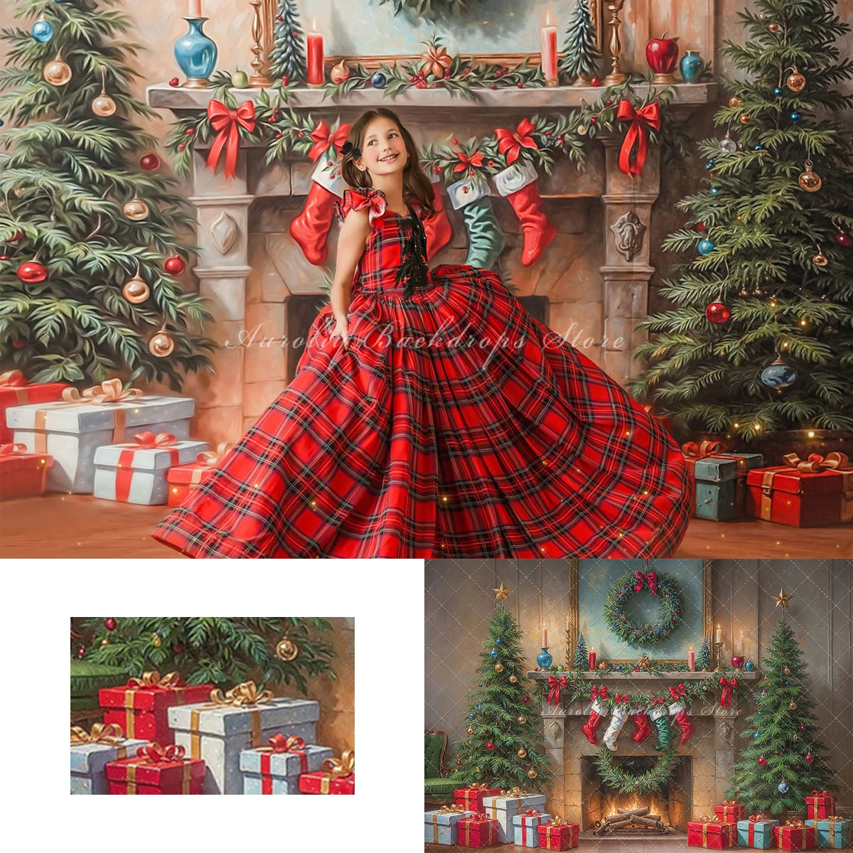 

Retro Christmas Fireplace Backgrounds Kids Adult Photography Props Child Baby Xmas Stocking Pine Wreath Decors Photo Backdrops