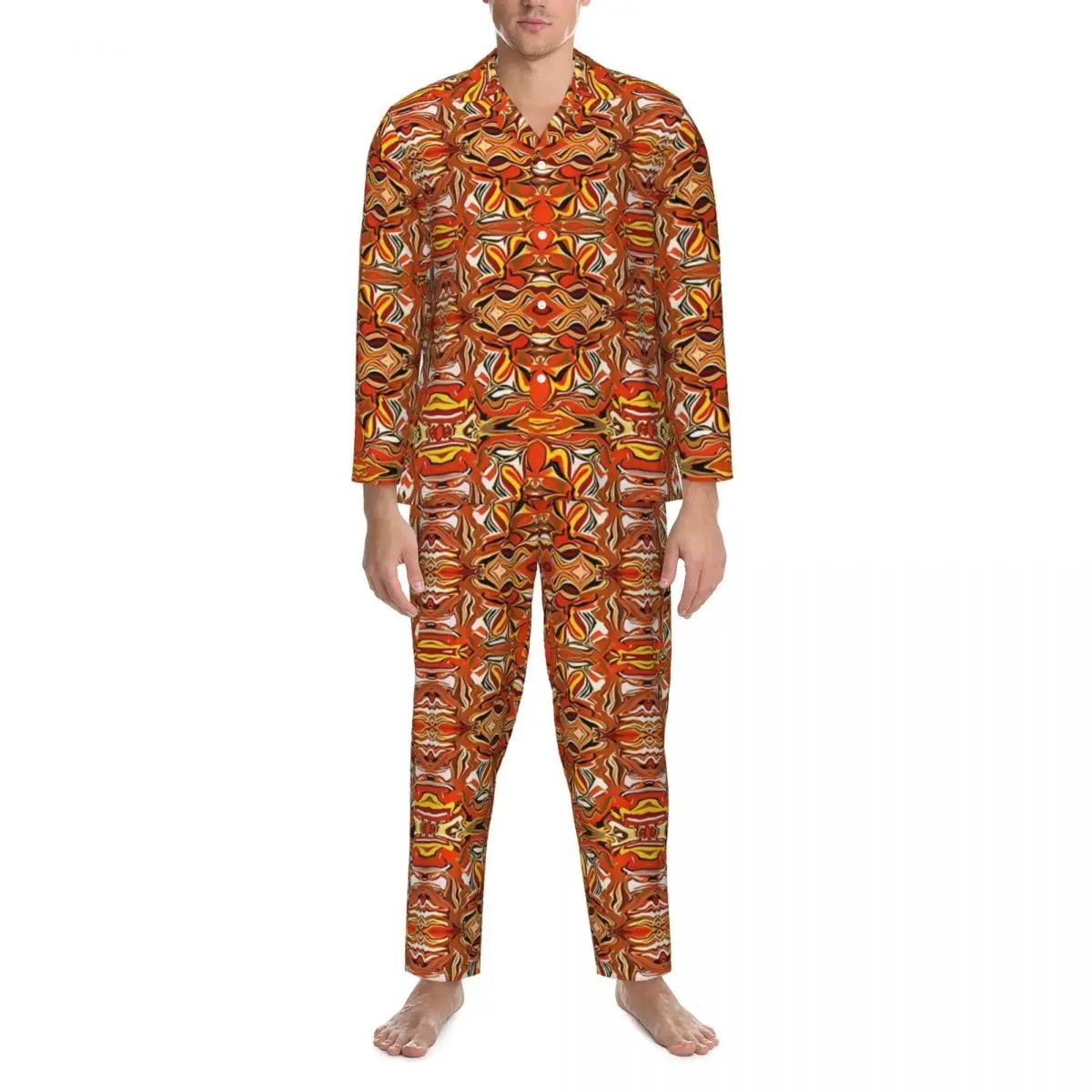 Aztec Art Illusion Pajamas Male Vintage Print Kawaii Room Sleepwear Autumn 2 Pieces Casual Oversized Design Pajama Sets