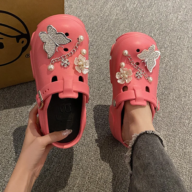 Women Platform Thick Soled Slippers with Butterfly Studded Diamond Clogs Casual Non Slip Home Lazy Waterproof Fashion Sandals