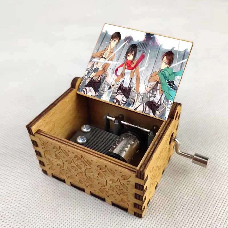 

anime Attack on Titan Cartoon Music Box Carved Wood Hand Crank Music Box Home decorations Merry Christmas Kids Birthday Gift