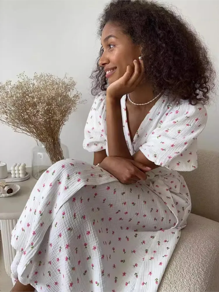 Cotton Fresh Sweet Women Summer Dresses Floral Print A-line Midi Dress With Side Slits Long Elegant White Vestidos For Women2024