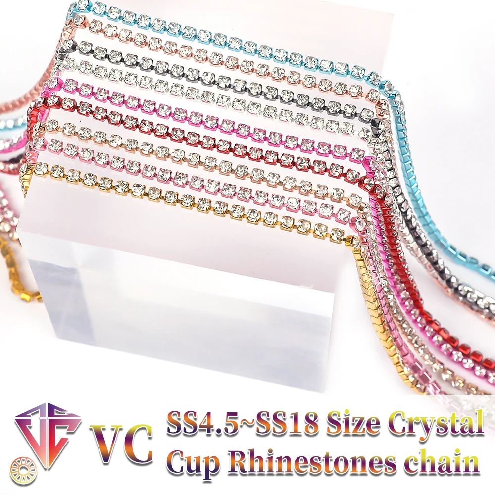 VC 1/5yards SS4.5-SS18(1.5mm-4.5mm) Silver/Gold/Blue/ Red Base Crystal RhinestoneChain Sewing Glass RhinestoneCup Chains