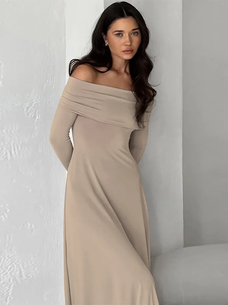 

Women Elegant Solid Off Shoulder Skinny Maxi Dress Fashion Backless Long Sleeves Pleated Hem Robe 2024 Lady Office Chic Vestidos