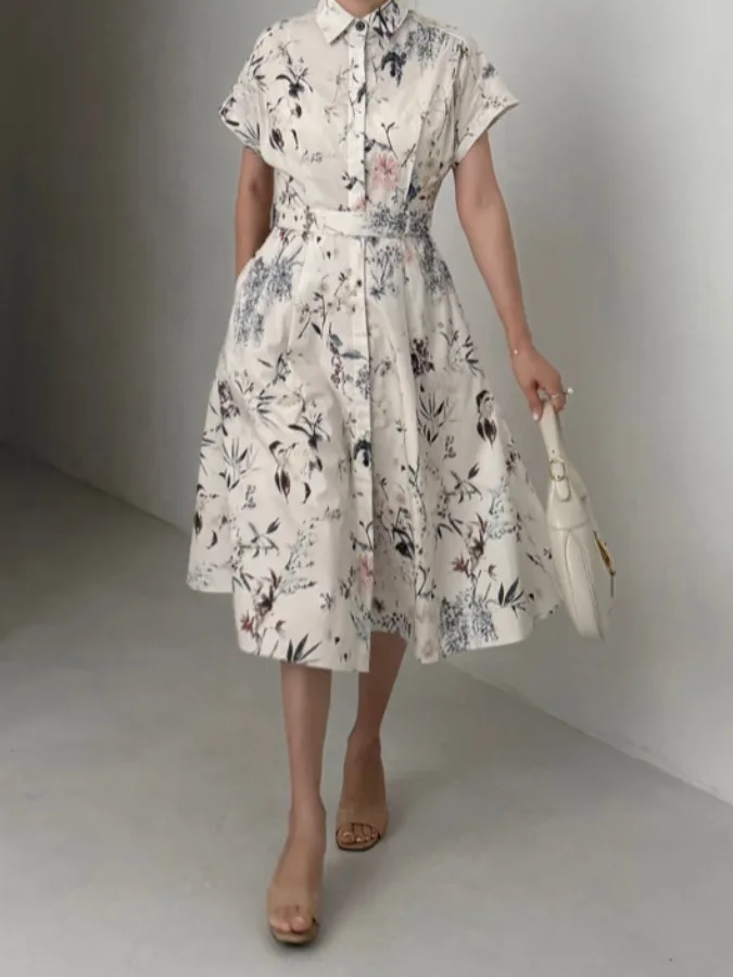 

Ele Retro Watercolor Print Color Blo Long Dr Women's Summer New High Waist Design Cotton 00% Gown with Belt