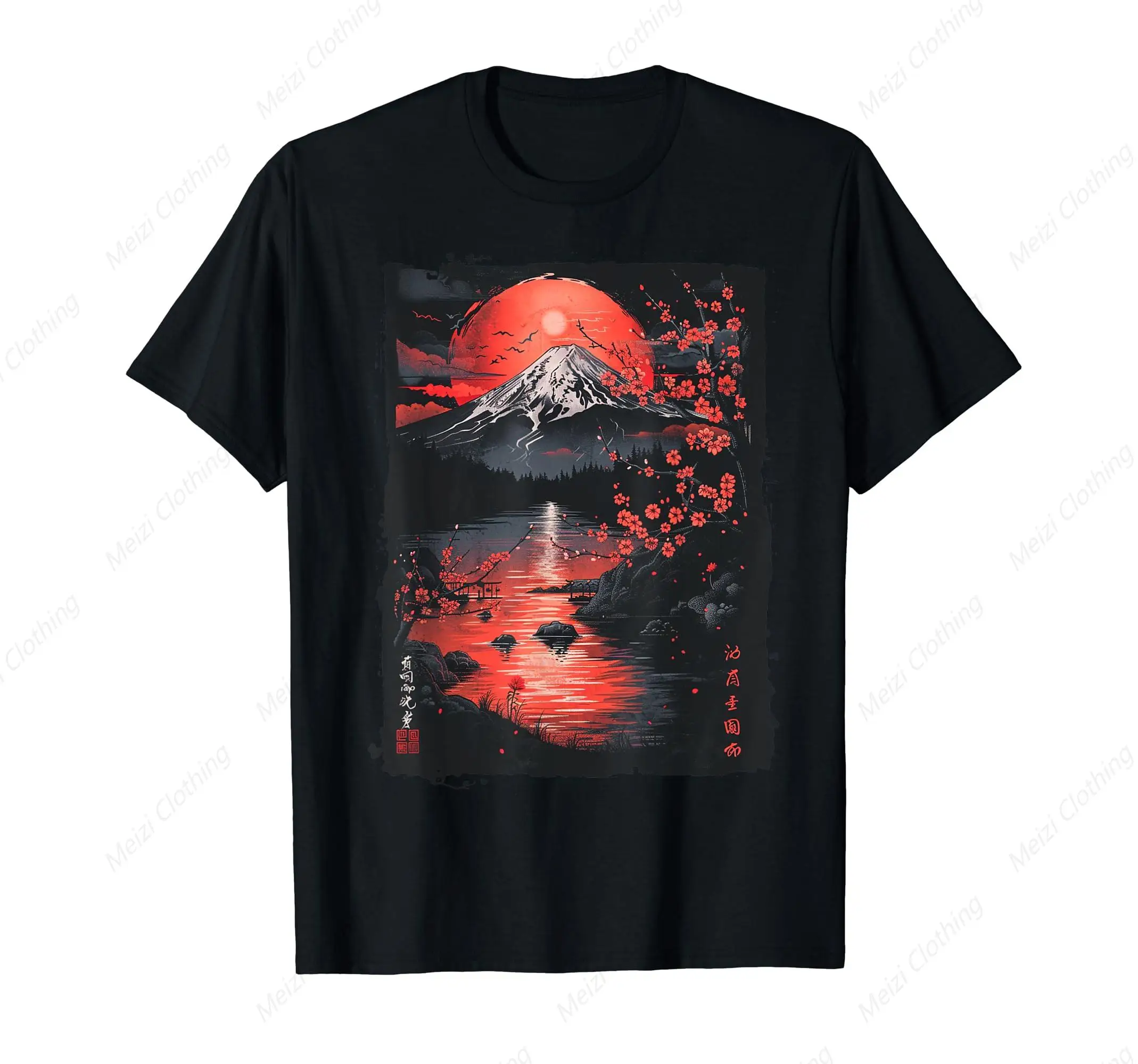 Japanese travel souvenir cherry blossom volcano scenery men's T-shirt cool fashion men's cotton gift short sleeved shirt