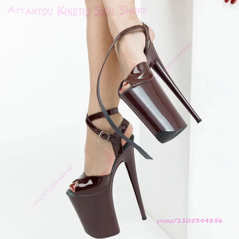 

Женские босоножки из лакированной кожи глубокого бордового цвета, 23 см (9 дюймов), с открытым носком, на платформе, на шпильке, с ремешками на пряжках, для танцев на пилоне