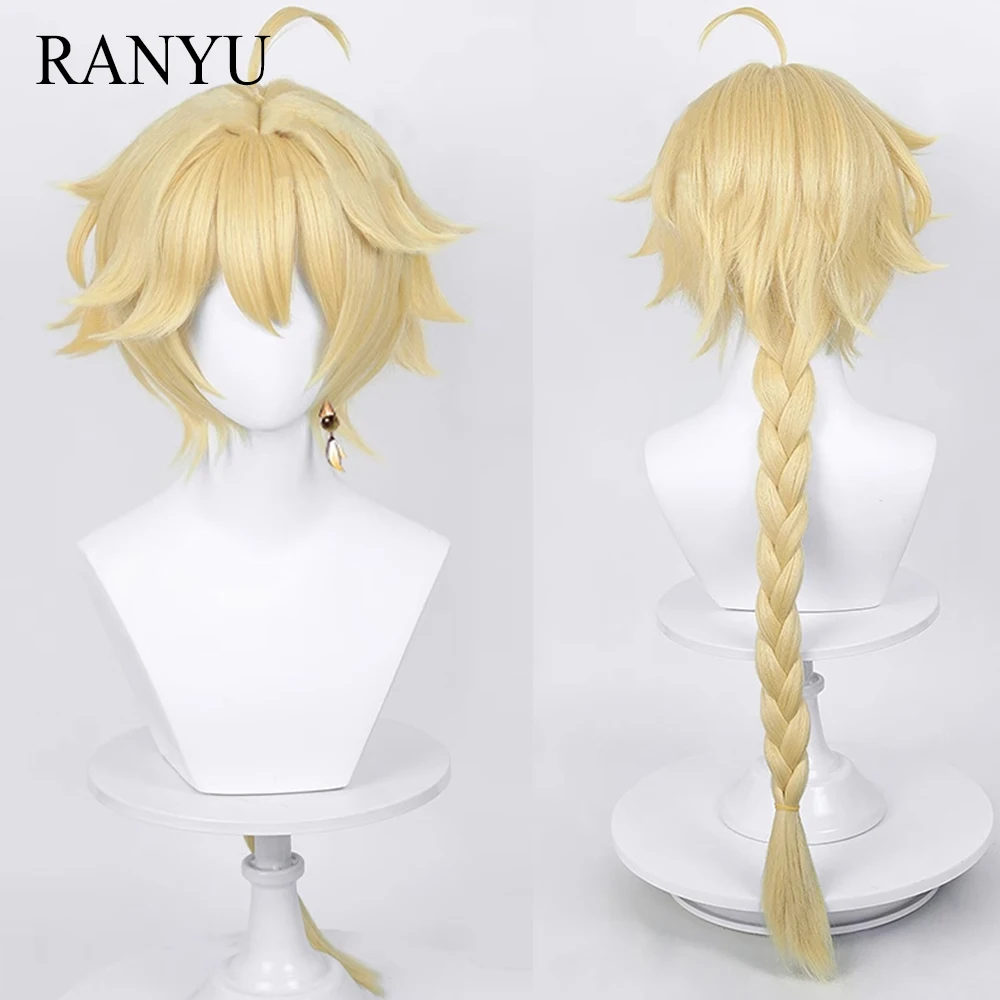 RANYU Genshin Impact Aether Wigs Synthetic Long Braided Straight Blonde Yellow Anime Game Cosplay Hair Wig for Daily Party